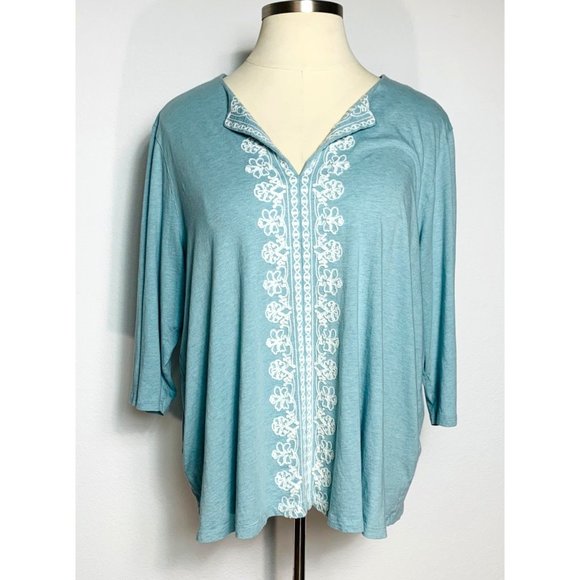 J. Jill Tops - J. Jill Chalk Blue Embroidered Split Neck Tunic 3/4 Sleeve 4X Women's Top